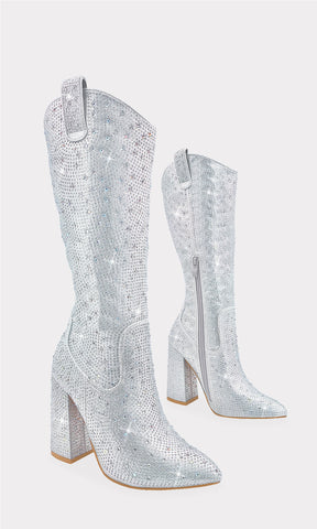 ELOISE BOTA ABAJO DE LA RODILLA PLATEDA CON TACON CUADRADO ALTO DE 10 CM CONFECCIONADA DE BRILLOS TERMINACION POINTY Y CIERRE AL COSTADO DAMA 