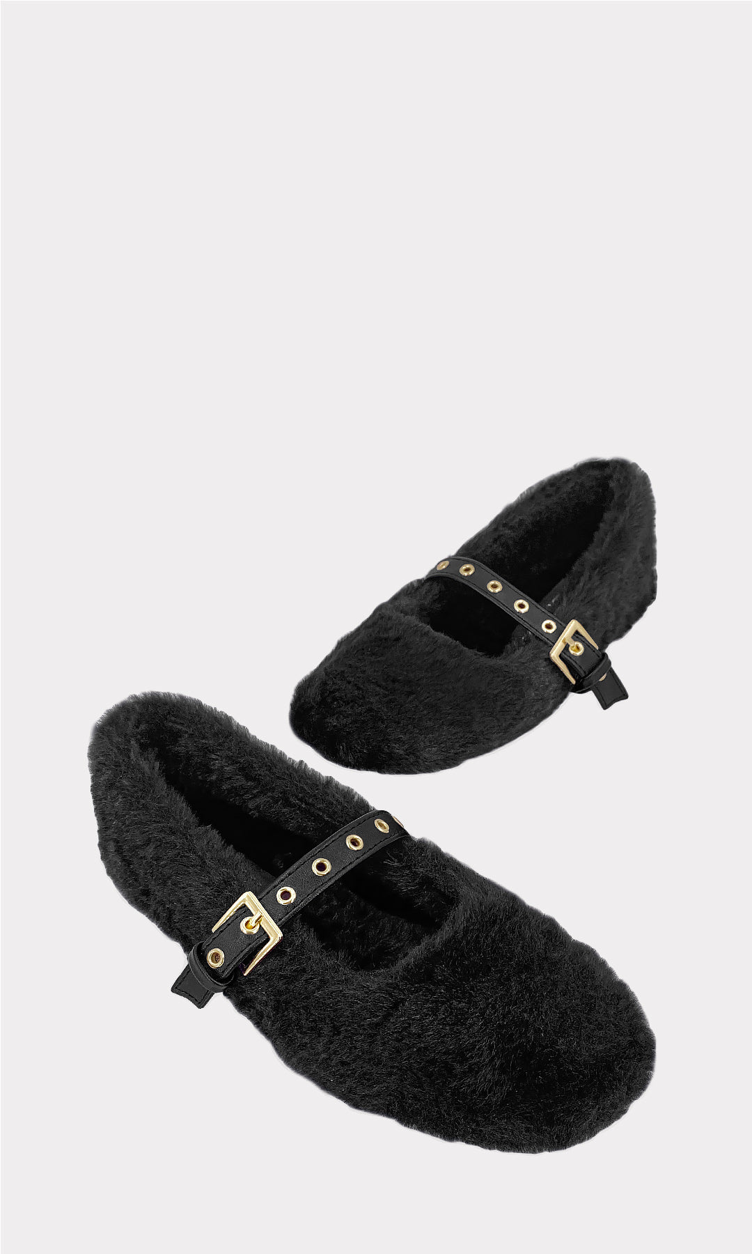 EMILY BALLERINAS NEGRAS CONFECCIONADAS EN PELUCHE CON CINTA DELGADA HECHA DE VINIPIEL Y HEBILLA DORADA AJUSTABLE PARA MUJER 