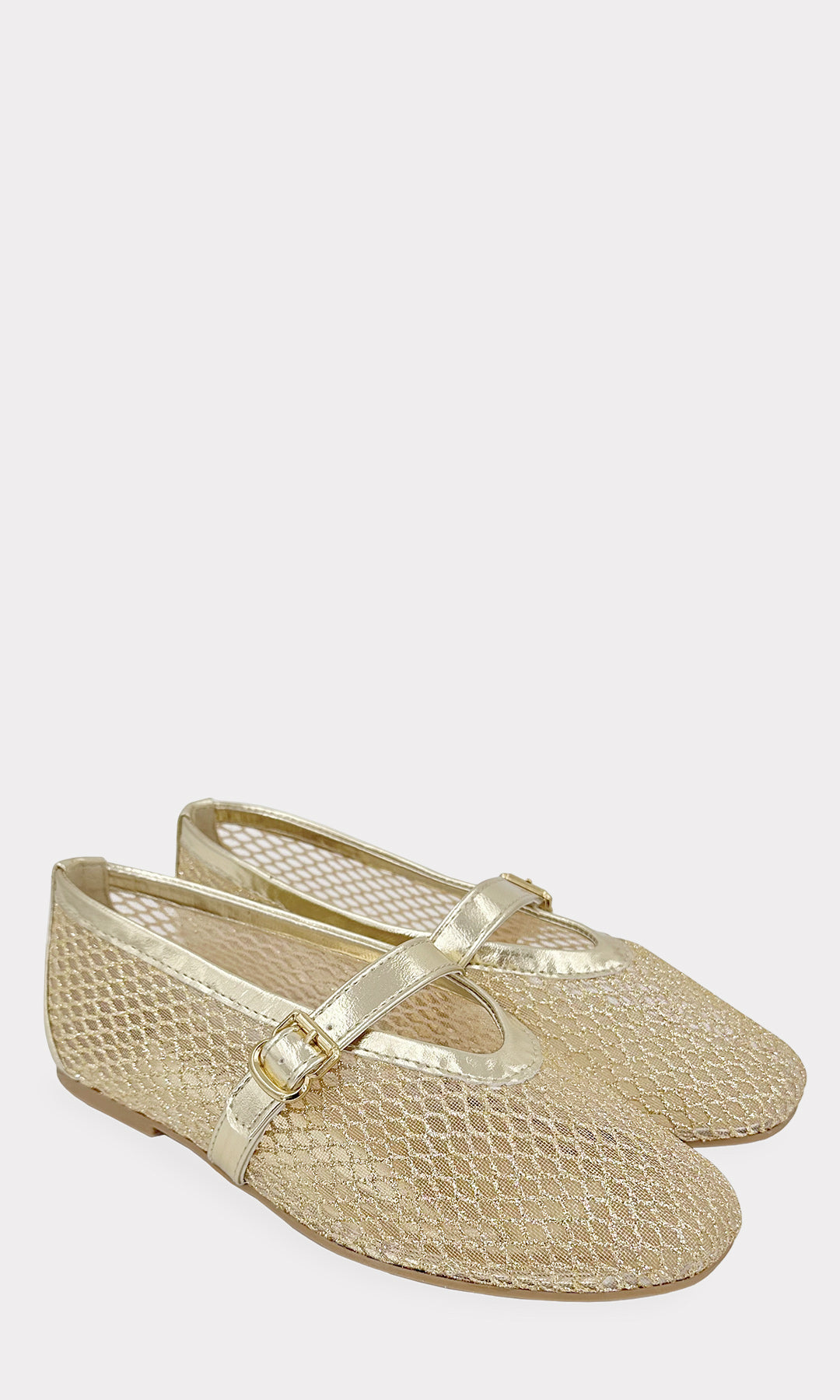 EMY BALLERINAS DORADAS TRANSPARENTES CONFECCIONADAS EN MALLA DE RED CON BRILLOS Y DETALLES DE VINIPIEL METALICA CON PUNTA CERRADA
