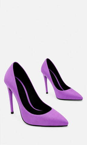 ETERNITY STILETTOS MORADOS CONFECCIONADOS EN SATIN CON PUNTA EN PICO Y TACON DELGADO DE AGUJA 10 CM PARA DAMA