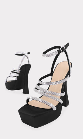 EXQUISITE SANDALIAS NEGRAS DE PLATAFORMA CUADRADA CON STRAPS DELGADOS DE BRILLOS Y TACON ACAMPANADO DE 14 CM