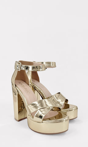 FIERCE ZAPATILLAS DORADAS DE PUNTA REDONDA CON ACABADO DE CHAROL Y TACON CUADRADO 12 CM CON PLATAFORMA DE 3.5 CM PARA MUJER