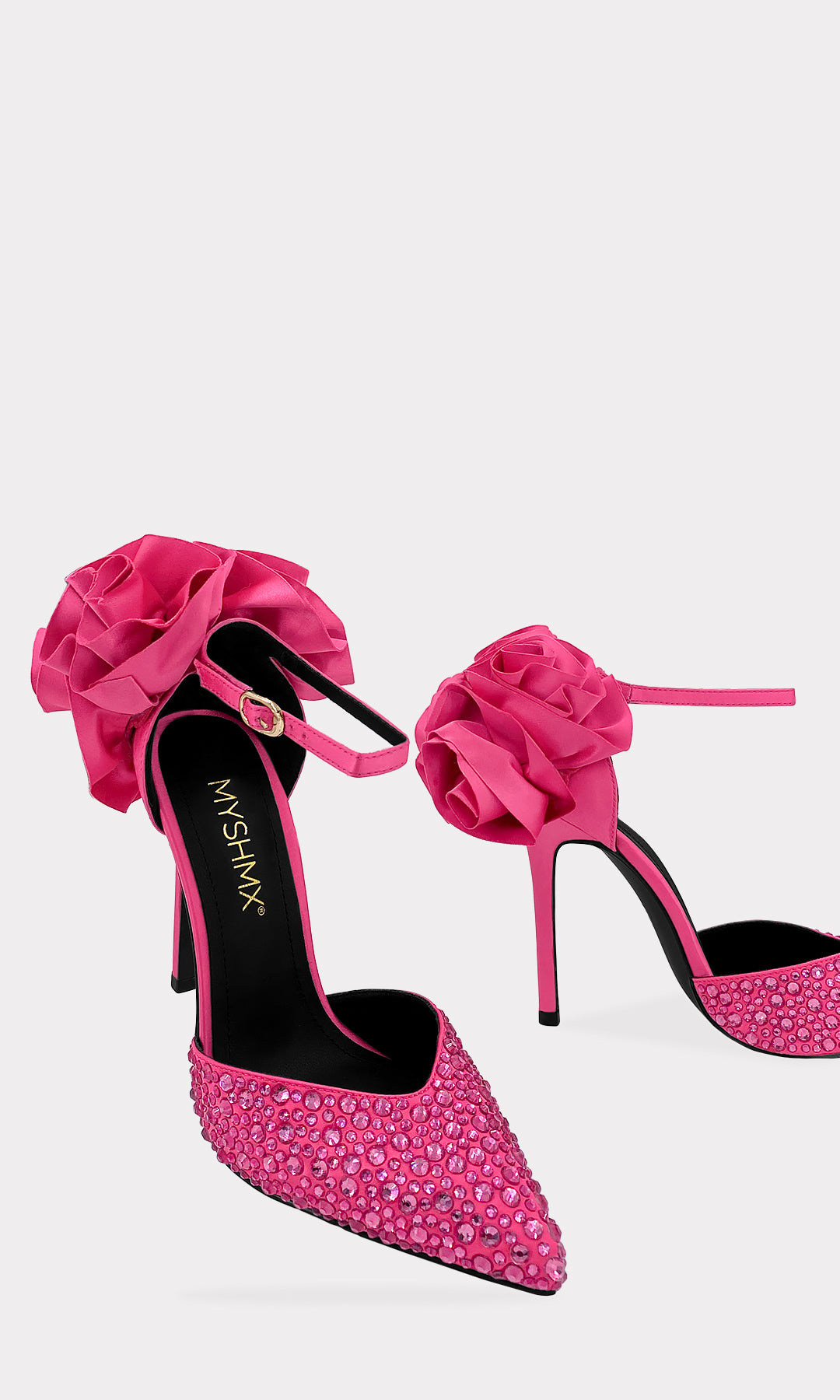 FRAGANZA ZAPATILLAS ROSAS CERRADAS DE TERMINACION POINTY CON FLOR 3D EN EL TALON Y ANKLET STRAP AJUSTABLE PARA MUJER