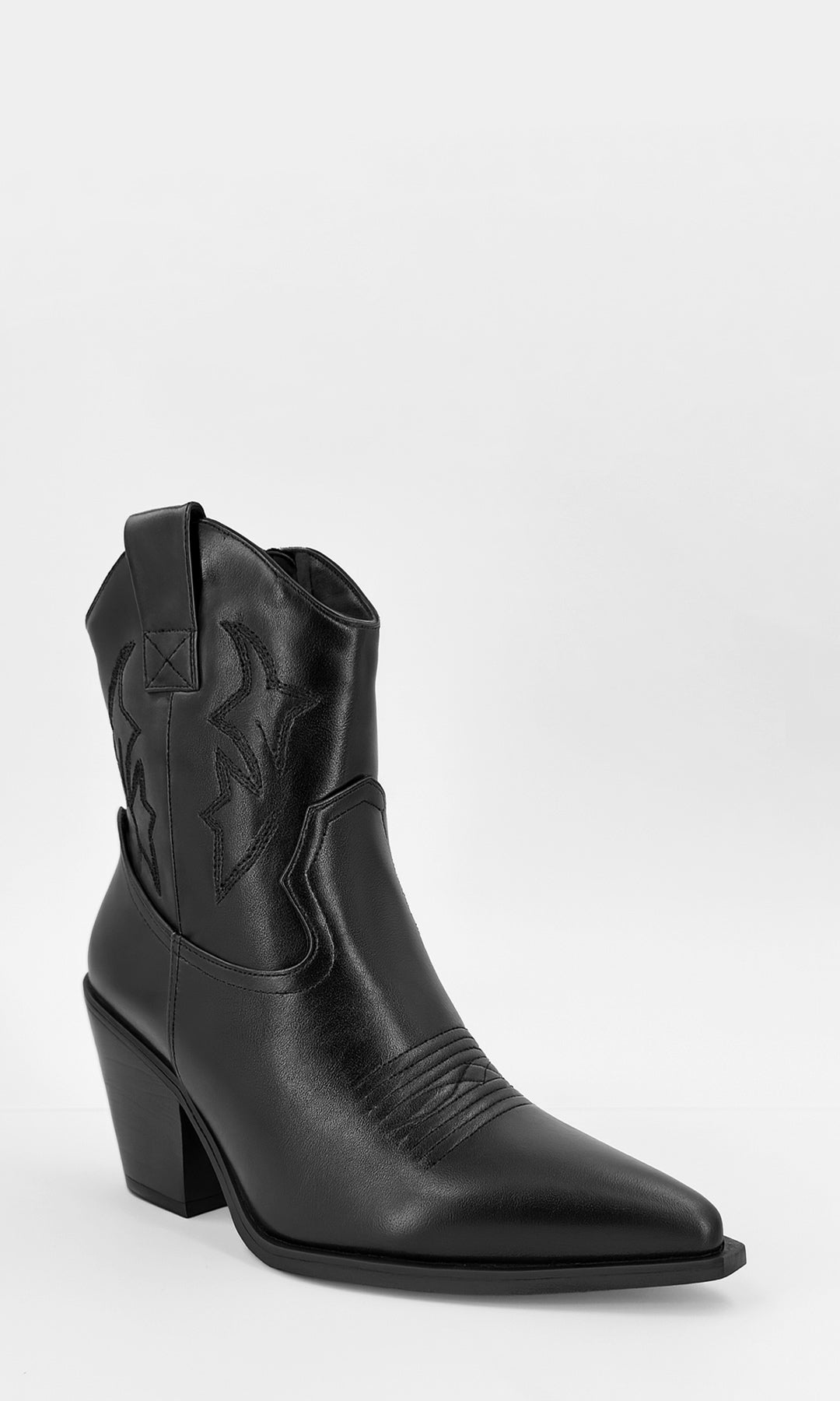 FRONTERA BOTA NEGRA ESTILO VAQUERA DE CUERO SINTETICO TACON 8 CM PUNTA SEMI CUADRADA CON COSTURAS DECORATIVAS PARA LOOKS DE MODA