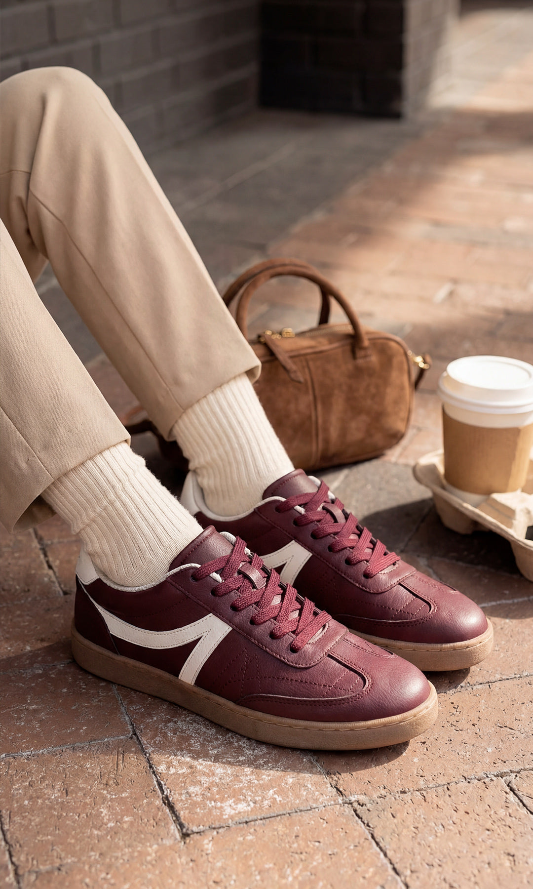 GIANNA CHICA USA SNEAKERS COLOR VINO CON CALCETAS BLANCAS VISIBLES Y PANTALON COLOR ARENA A JUEGO CON BOLSO CAFE DE MANO PARA VERSE CHIC