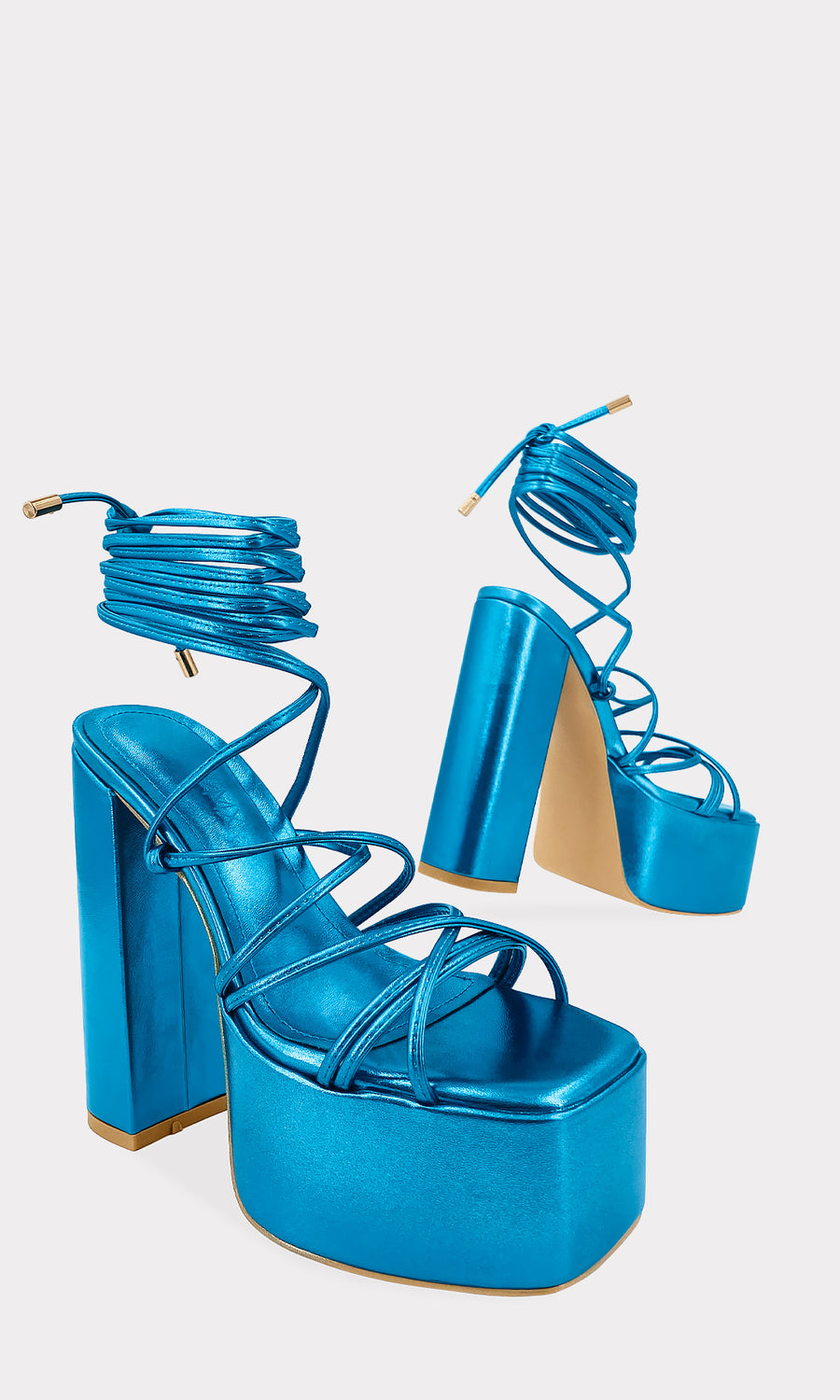 GIN LACE UP HEELS DE VINIPIEL METALICO COLOR AZUL CON PLATAFORMA CUADRADA PARA USAR CON FALDAS CORTAS EN FIESTAS DE NOCHE