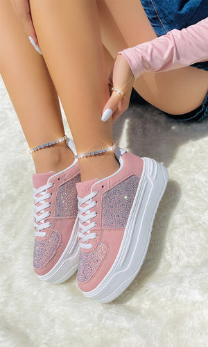 GLIMZY PLATFORM SNEAKERS COLOR ROSA BLUSH CON BRILLOS PARA USAR CON FALDAS DE MEZCLILLA Y PULSERAS TOBILLERAS