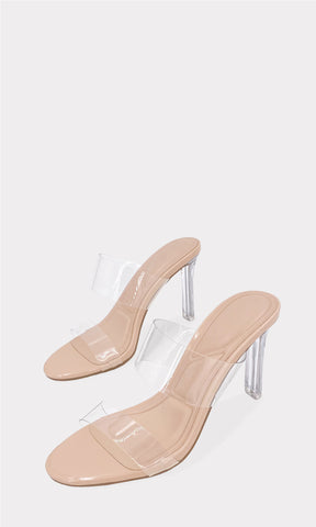HALLIE ZAPATILLAS DE FIESTA PARA MUJER DE CHAROL COLOR NUDE CON MICA TRANSPARENTE EN STRAPS AL FRENTE Y EN TACON DELGADO DE 8.5 CM 