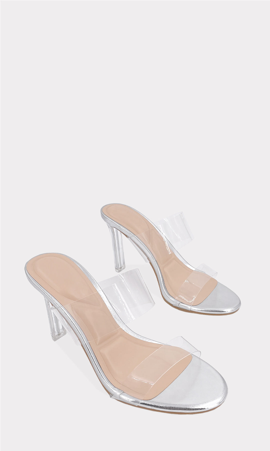 HALLIE ZAPATOS PLATEADOS DE PUNTA ABIERTA CON STRAP ARRIBA DE LOS DEDOS Y EN EMPEINE CON TACON TRANSPARENTE DE 8.5 CM PARA MUJER