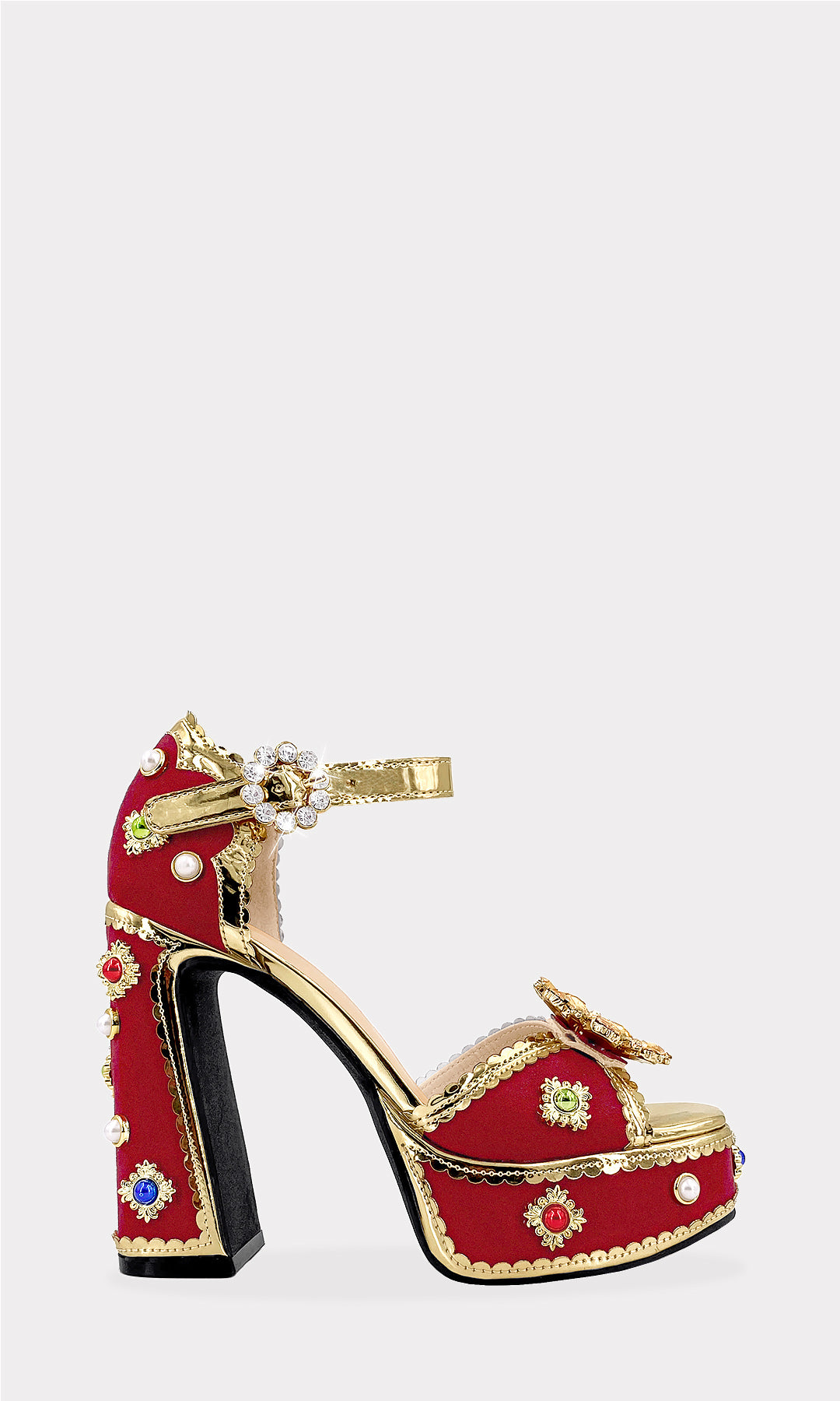 HANNAH ZAPATOS ABIERTOS DE PLATAFORMA CUADRADA CON PEDRERIA EN FORMA DE FLOR Y PERLAS ALREDEDOR PARA MUJER FASHION