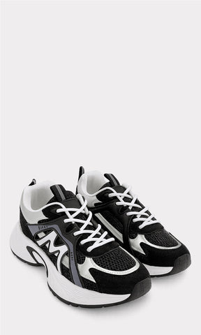 HARBOR TENIS DE PUNTA REDONDA CON PLATAFORMA CHUNKY DE 2.5 CM COLOR NEGRO CON AGUJETAS BLANCAS AL FRENTE Y TACON DE 5 CM PARA MUJER