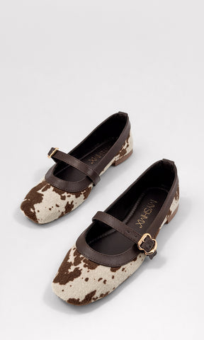 HAZEL BALERINA MARY JANE ESTAMPADO VACA PUNTA CUADRADA CORREA AJUSTABLE DISEÑO EN TENDENCIA PARA MUJER Y ESTILO CASUAL