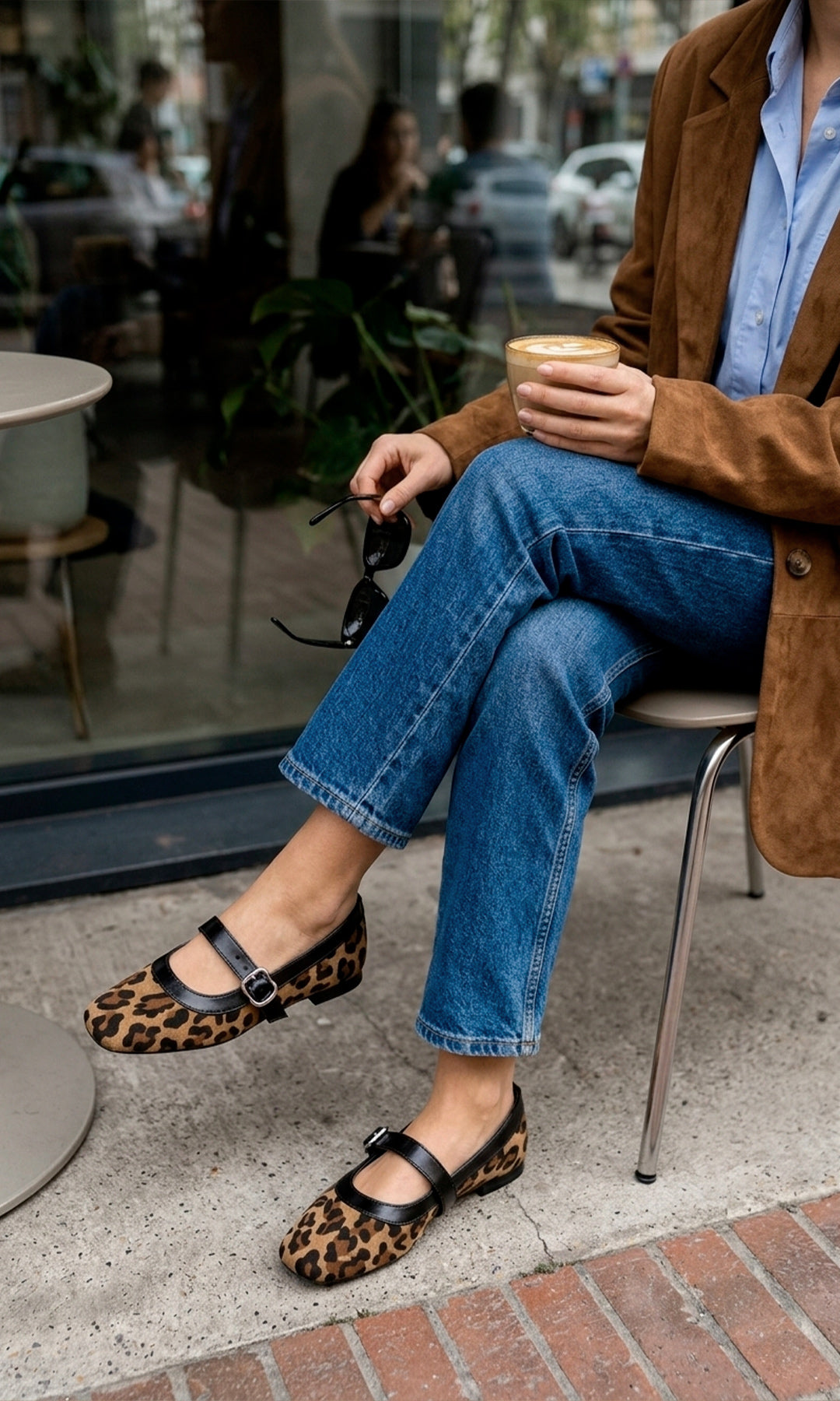 HAZEL CÓMO COMBINAR FLATS DE LEOPARDO CON PANTALON DE MEZCLILLA Y BLAZER CAFE ENCIMA DE BLUSA AZUL DE MANGA LARGA CON GAFAS 