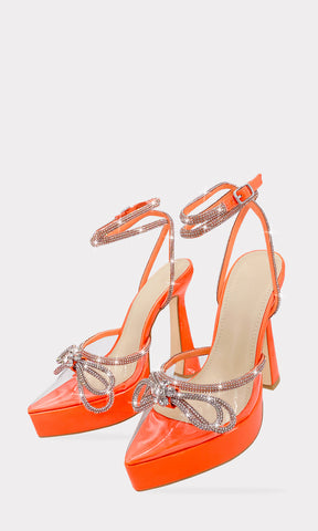 HEAVEN PLATFORM HEELS NARANJA NEON CON PEDRERIA EN FORMA DE FLOR EN MOÑO CON BRILLOS Y TACON DE 13 CM 