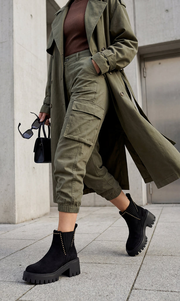 HONEY STREET STYLE LOOK COMBINANDO BOTINES NEGROS DE SUELA TRACK CON PANTALON CARGO VERDE OLIVO Y GABARDINA VERDE ENCIMA DE BLUSA CAFE