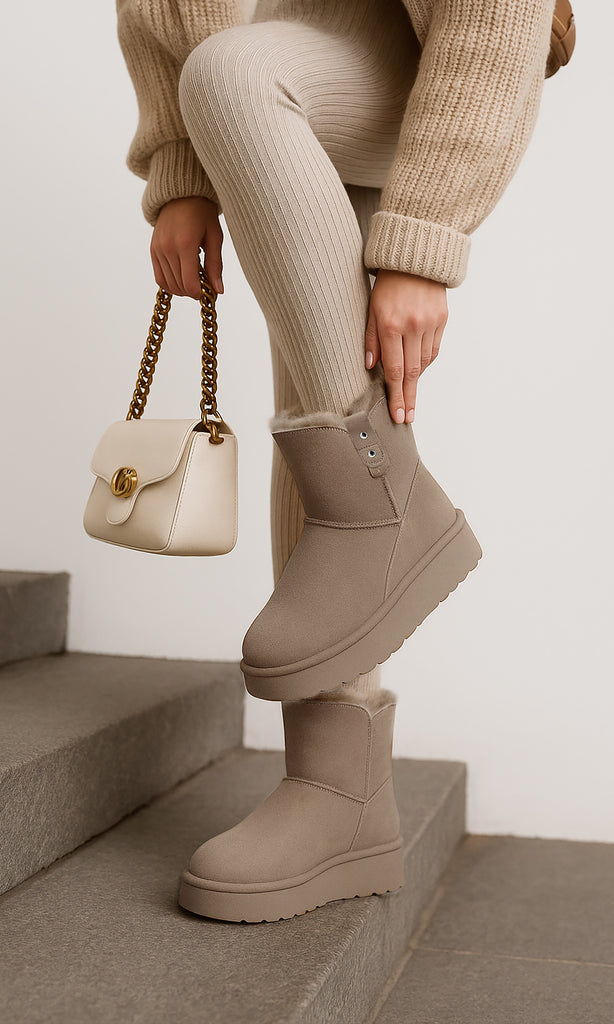 ICEBERG OUTFIT PARA LLEVAR A MI CLASE DE PILATES COMBINANDO BOTAS TAUPE CON SUETER TEJIDO Y PANTALONES DE PUNTO ACANALADO