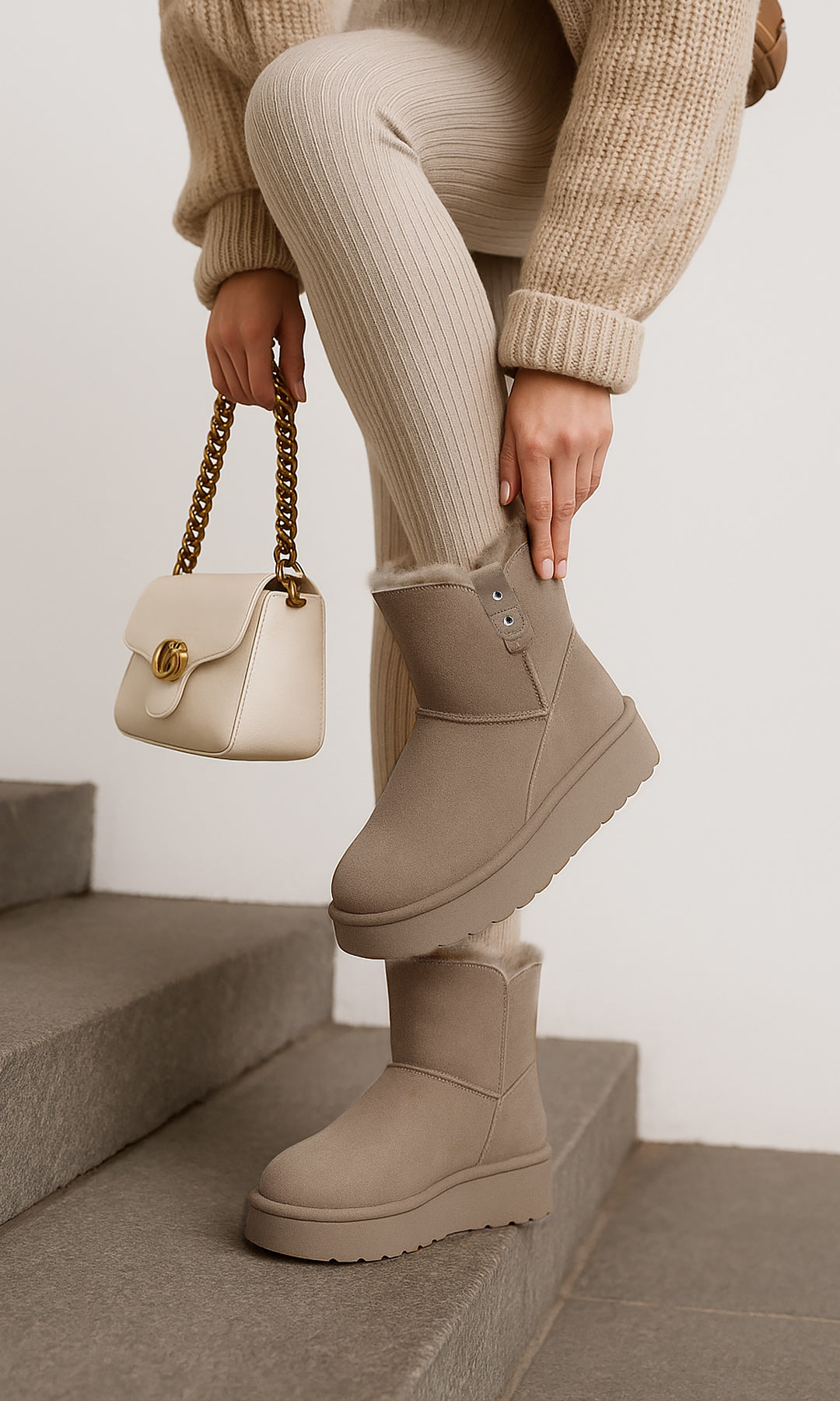 ICEBERG OUTFIT PARA LLEVAR A MI CLASE DE PILATES COMBINANDO BOTAS TAUPE CON SUETER TEJIDO Y PANTALONES DE PUNTO ACANALADO