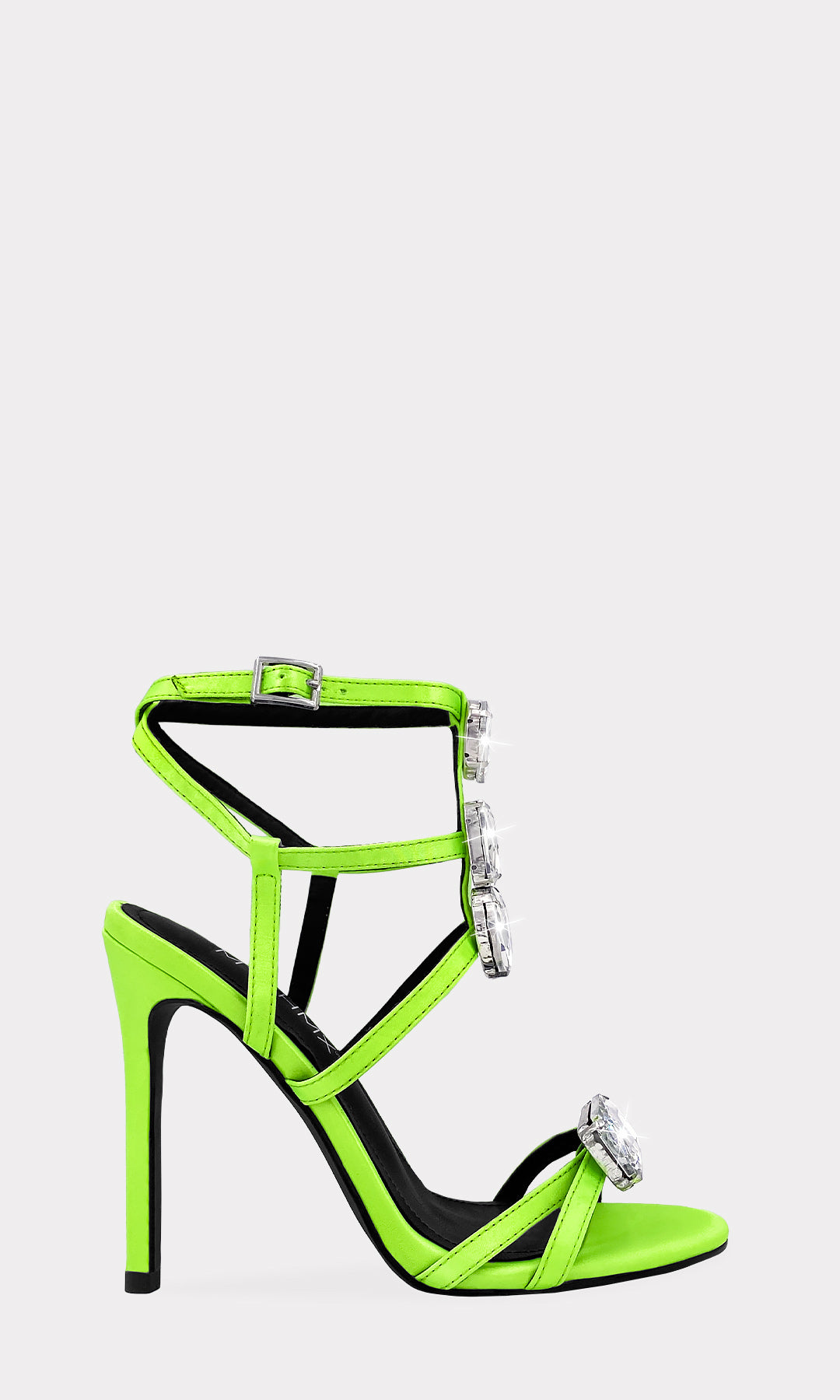 INTENSE HEELS DE SATIN COLOR VERDE NEON Y 4 PIEZAS DE PREDRERIA GRANDE AL FRENTE PARA MUJER