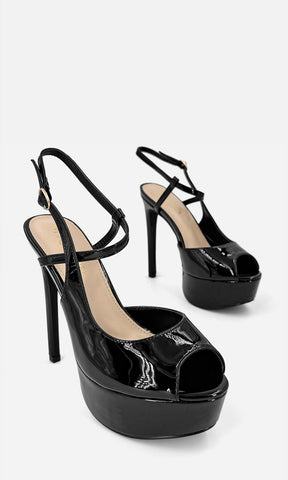 JENNIFER ZAPATILLAS NEGRAS DE CHAROL CON PLATAFORMA 4 CM Y TACON DELGADO DE AGUJA 13.5 CM CON TALON DESCUBIERTO PARA MUJER 