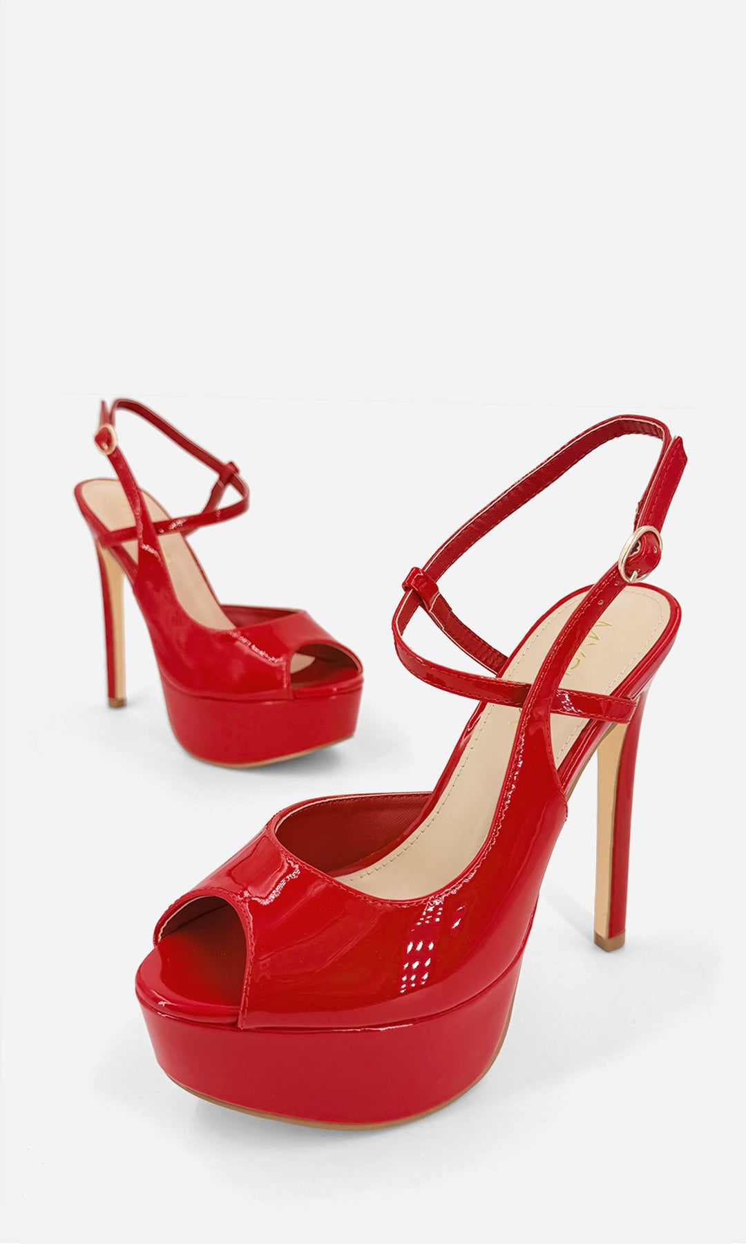 JENNIFER ZAPATOS ROJOS TALON DESCUBIERTO DE CHAROL CON PUNTA SEMI REDONDA DE PLATAFORMA 4 CM Y TACON ALTO DE AGUJA 13.5 CM 