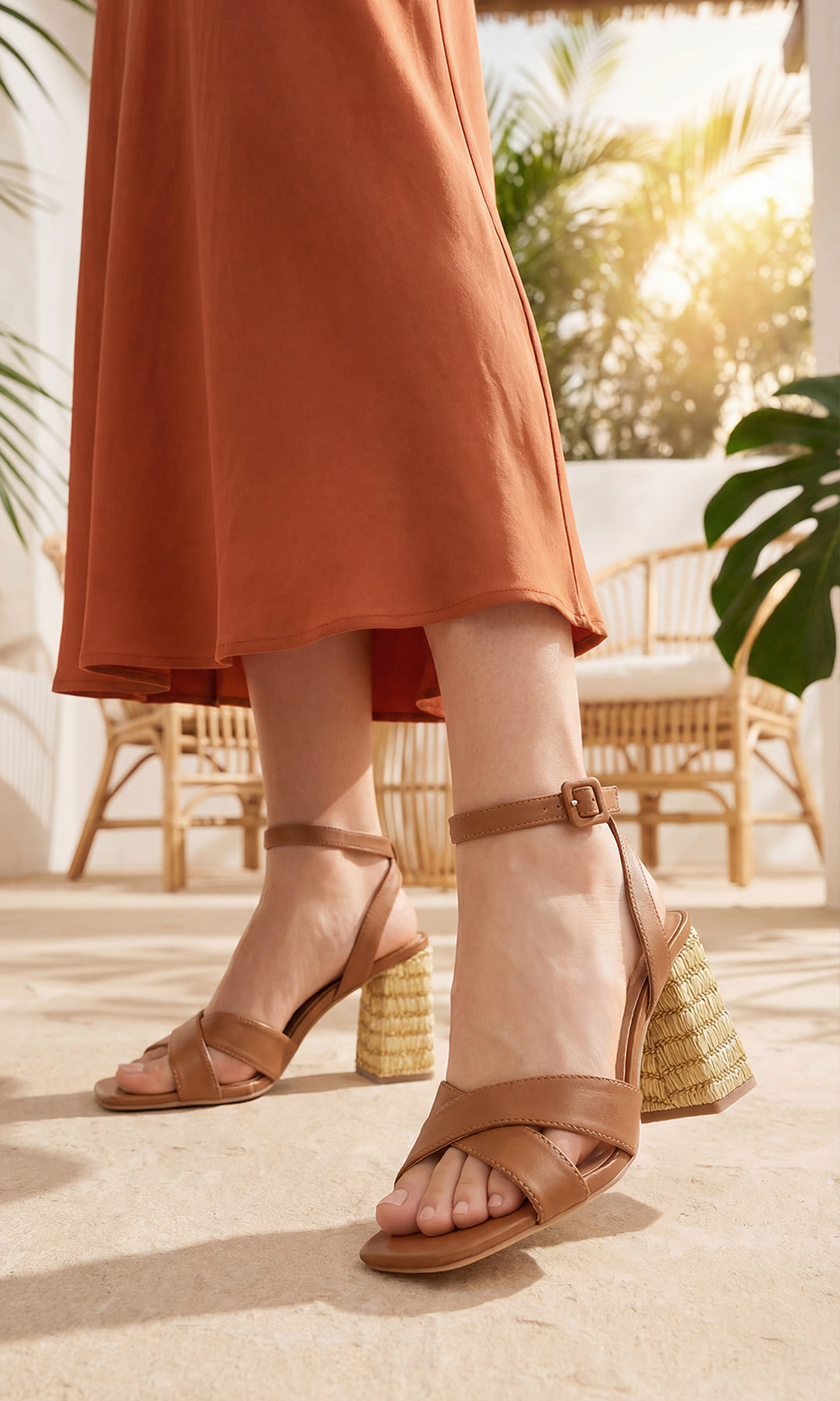 JOANNE LOOK PARA USAR EN FIESTA DE JARDIN COMBINANDO ZAPATILLAS COLOR CAMEL CON VESTIDO TERRACOTA LARGO Y JOYERIA MINIMALISTA