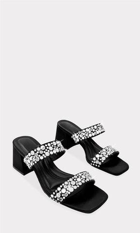 KASSIA ZAPATILLAS NEGRAS MULES DE SATIN CON BRILLOS REDONDOS EN DOS CORREAS AL FRENTE PARA MUJER DE TACON CUADRADO DE 6 CM 