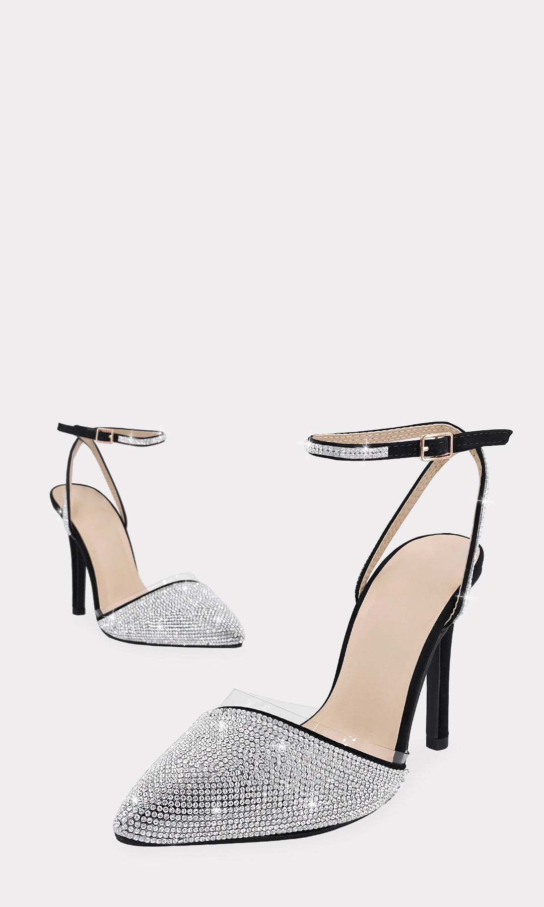 KATERINE ZAPATILLAS TERMINACION POINTY DE PULSERA TOBILLERA AJUSTABLE CON TACON DELGADO ALTO Y BRILLOS AL FRENTE PARA DAMA 