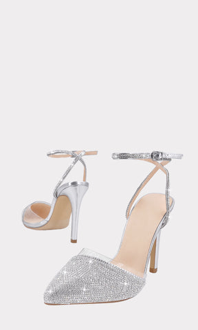 KATERINE ZAPATILLAS PLATEADAS HECHAS EN VINIPIEL METALICA CON BRILLOS EL FRENTE Y DETALLE DE MICA TRANSPARENTE CON PULSERA TOBILLERA JUSTABLE 