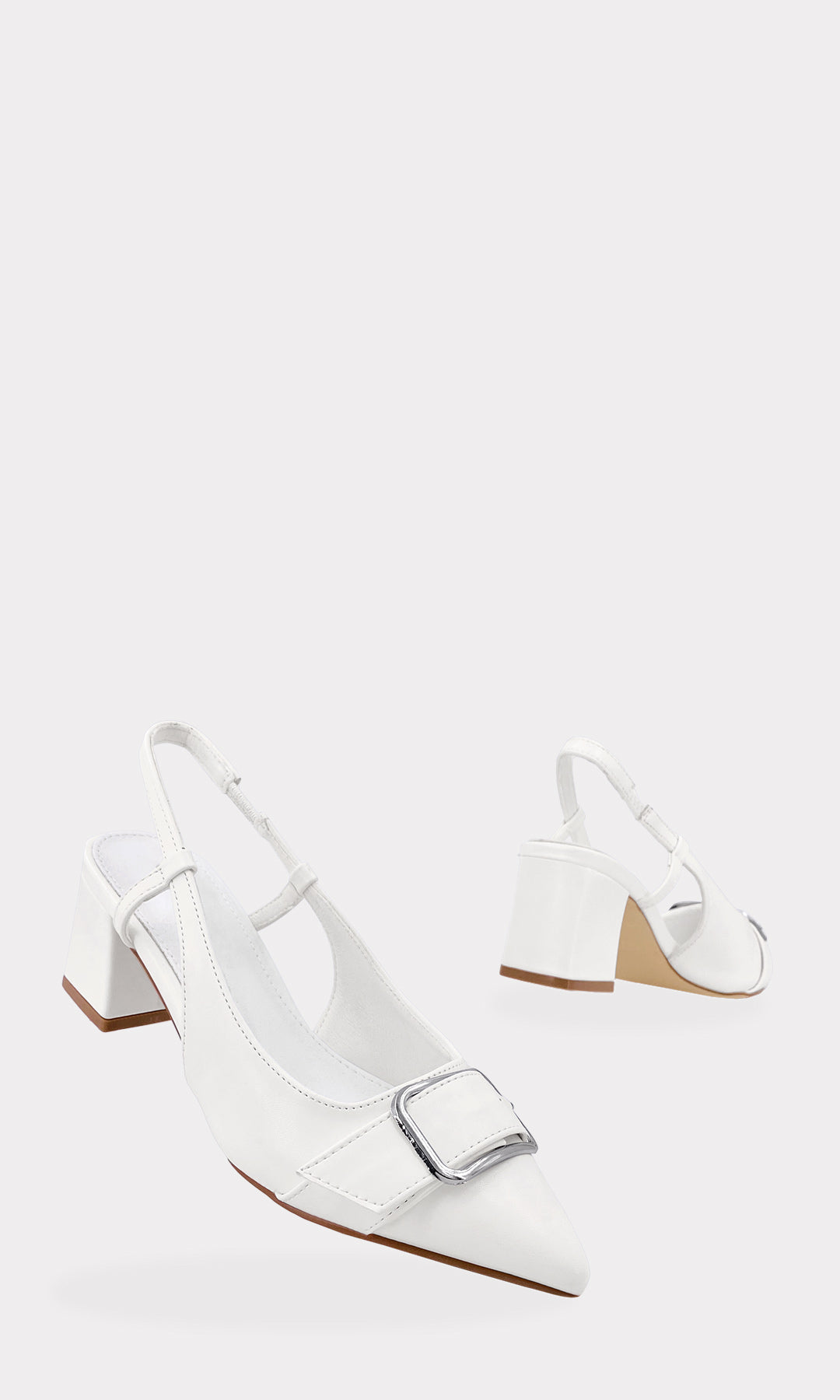 KATHLEEN ZAPATILLAS BLANCAS DESTALONADAS CON DETALLE DE HEBILLA GRANDE AL FRENTE HECHAS EN VINIPIEL Y HEBILLA EN PULSERA TALONERA AJUSTABLE PARA MUJER