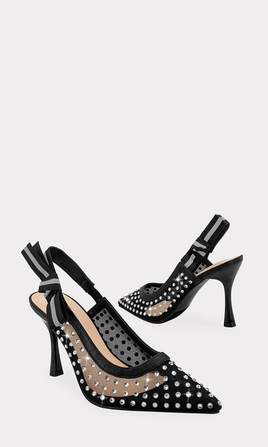 LAURENT ZAPATILLAS NEGRAS DESTALONADAS CONFECCIONADAS EN MESH CON BRILLOS AL FRENTE Y MOÑO TEXTIL EN PULSERA TALONERA PARA MUJER FASHION 