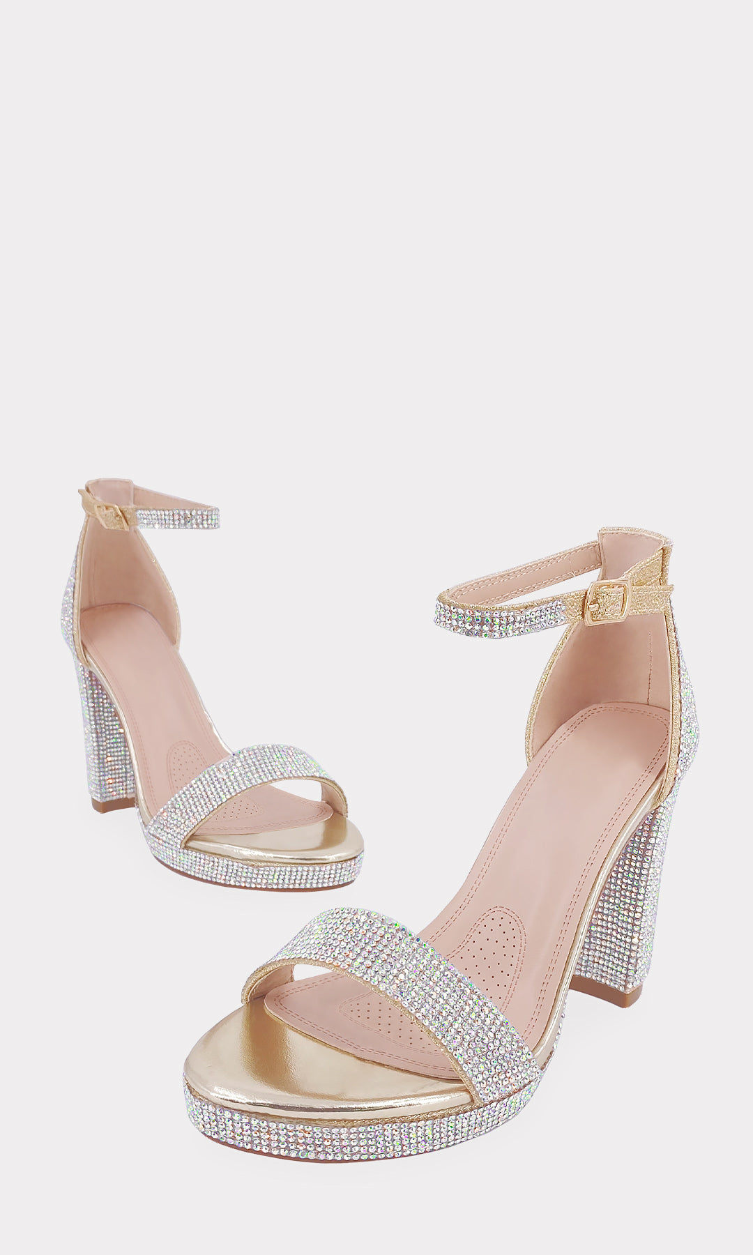 LORENZA SANDALIAS DE TACON DORADO CON BRILLOS EN ANKLET STRAP AJUSTABLE Y PLATAFORMA DE 1.5 CM HECHAS EN VINIPIEL METALICA PARA USAR CON VESTIDO 