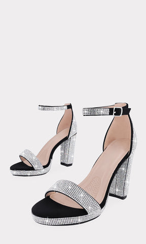 LORENZA ZAPATILLAS NEGRAS CON BRILLOS PLATEADOS EN TACON CUADRADO DE 10 CM CONFECCIONADAS EN NUBOCK CON PULSERA TOBILLERA AJUSTABLE PARA DAMA