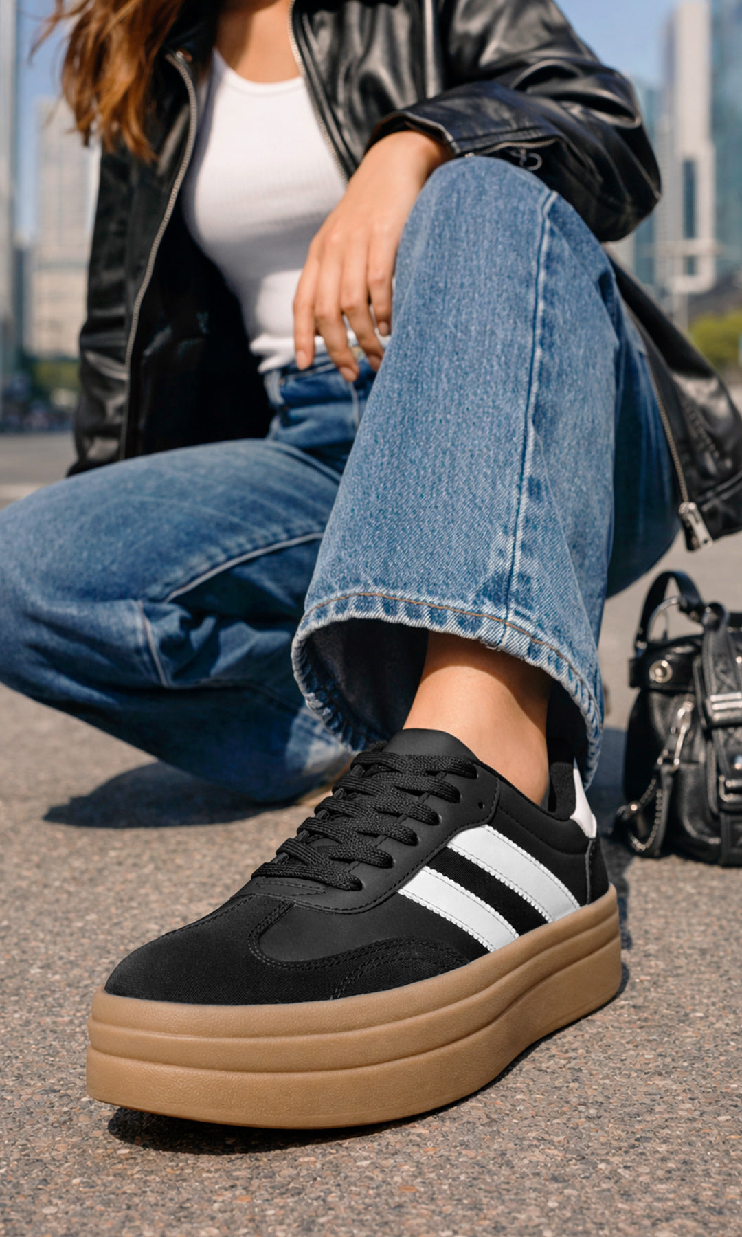 LYRA ESTILO URBANO CON TENIS NEGROS PARA ANDAR POR LA CIUDAD USANDO PANTALON DE MEZCLILLA CON BLUSA BLANCA Y CHAMARRA DE VINIPIEL NEGRA 