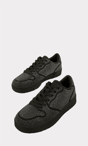 MARISELLE TENIS NEGROS CONFECCIONADO CON  BRILLOS AL FRENTE DE AGUJETA TEXTIL AJUSTABLE Y SUELA DELGADA DE 3.5 CM PARA USAR CON VESTIDOS 