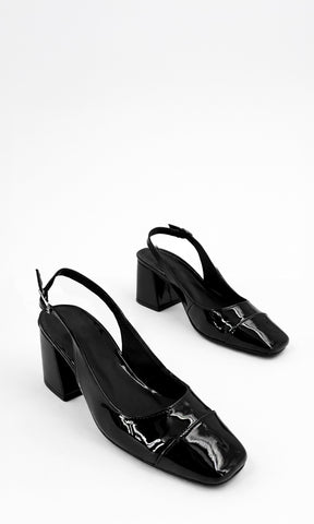 MARISSE ZAPATILLA SLINGBACK NEGRA DE CHAROL CON PUNTA RECTA Y TACÓN CUADRADO ELEGANTE PARA LOOKS FORMALES