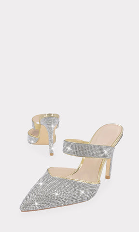 MARLENE ZAPATILLAS MULES DORADAS DE FIESTA CUBIERTAS DE BRILLOS EN TACON ALTO DE 10.5 CM Y CINTA DELGADA EN EMPEINE PARA MUJER