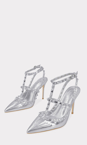 MELANIA ZAPATILLAS SLINGBACK PLATA CONFECCIONADAS EN CHAROL METALICO DE TACON DE 10-CM CON TERMINACION PUNTIAGUDA Y ESTOPEROLES EN STRAPS CRUZADOS CHICA