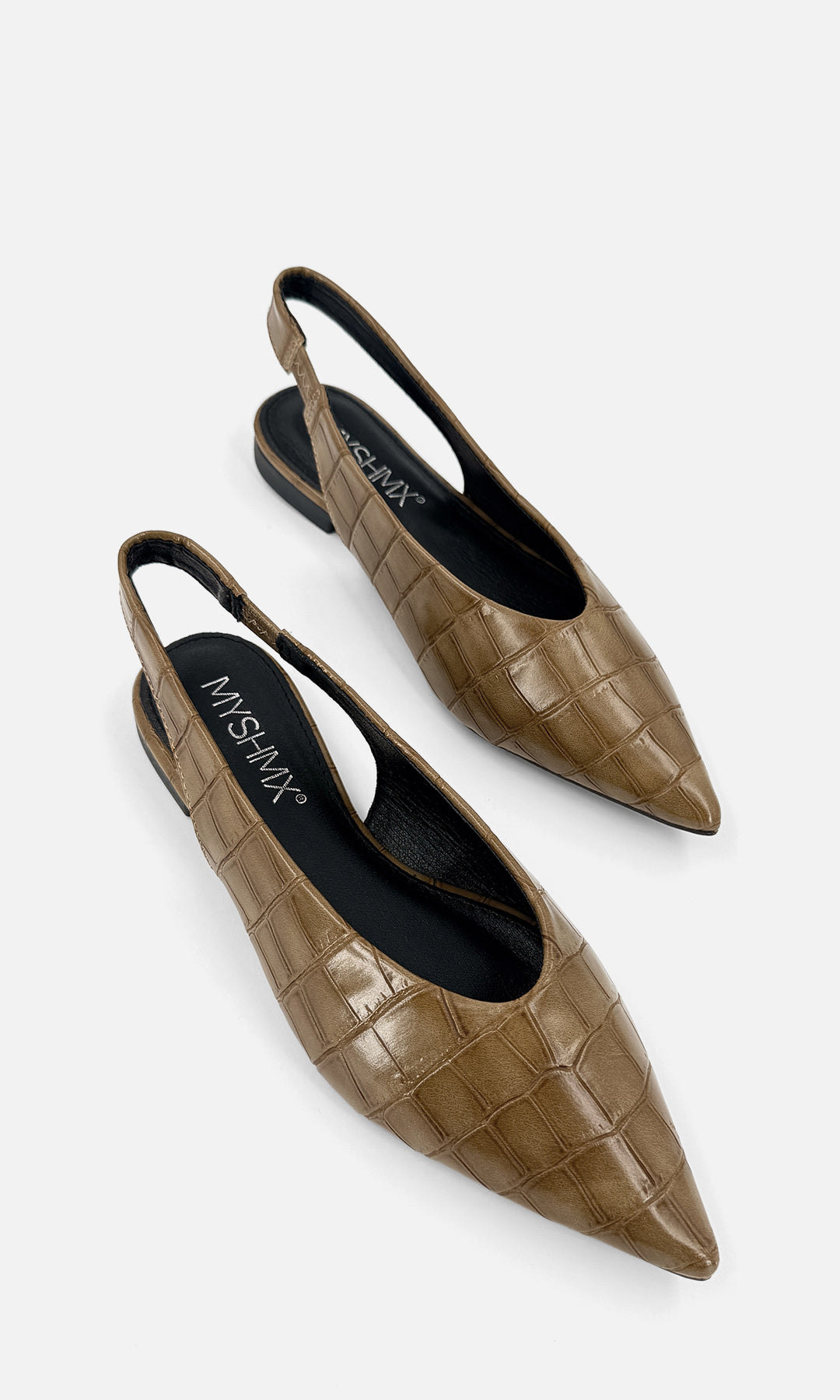 MELISSA FLATS DESTALONADOS COLOR TAUPE CON ACABADO DE CUERO SINTETICO EFECTO COCODRILO DE PUNTA CERRADA POINTY Y TACON BAJO PARA MUJER 