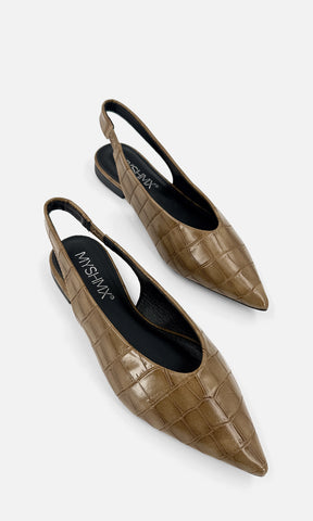 MELISSA FLATS DESTALONADOS COLOR TAUPE CON ACABADO DE CUERO SINTETICO EFECTO COCODRILO DE PUNTA CERRADA POINTY Y TACON BAJO PARA MUJER 
