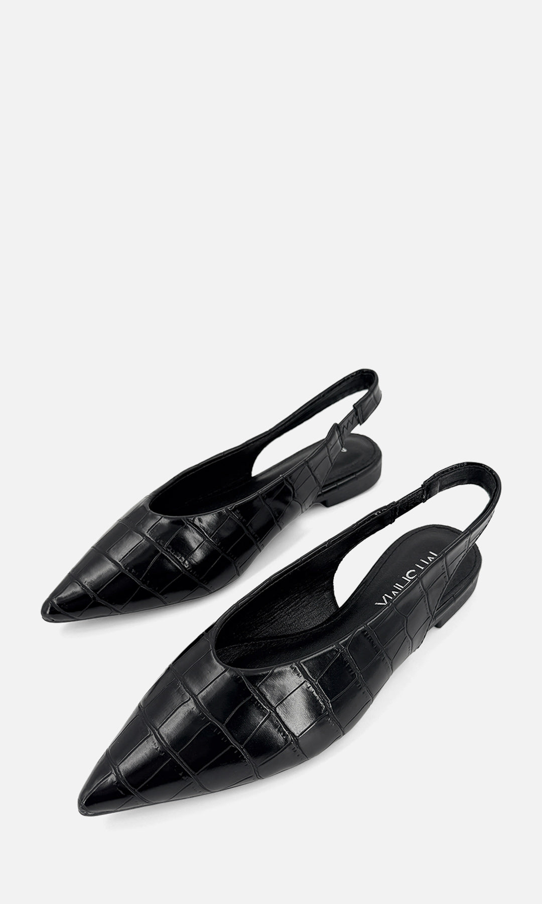 MELISSA FLATS NEGROS ACABADO DE CUERO SINTETICO CON TEXTURA CROC Y TERMINACION PUNTIAGUDA PARA ALARGAR VISUALMENTE LAS PIERNAS DE TALON DESCUBIERTO 