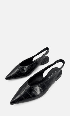 MELISSA FLATS NEGROS ACABADO DE CUERO SINTETICO CON TEXTURA CROC Y TERMINACION PUNTIAGUDA PARA ALARGAR VISUALMENTE LAS PIERNAS DE TALON DESCUBIERTO 