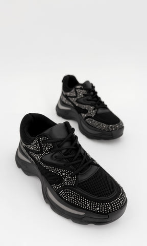 MELISSE TENIS NEGROS CON BRILLOS Y PLATAFORMA GRUESA DE CM Y DISEÑO CHUNKY CONFECCIONADOS EN CON SUELA REDONDA PARA MUJER