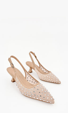 MELLOW ZAPATILLA CLÁSICA DE PUNTA CERRADA COLOR NUDE CON TACON BAJO 5.5 CM Y ACABADO DE CUERO SINTETICO CON BRILLOS PLATEADOS PARA USAR EN LOOKS DIARIOS