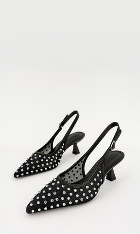 MELLOW ZAPATILLA NEGRA DESTALONADA DE TACÓN KITTEN 5.5 CM CON ACABADO MESH STRAPS DE VINIPIEL BRILLOS PLATEADOS EN PUNTA PARA CREAR LOOKS SOFISTICADOS 