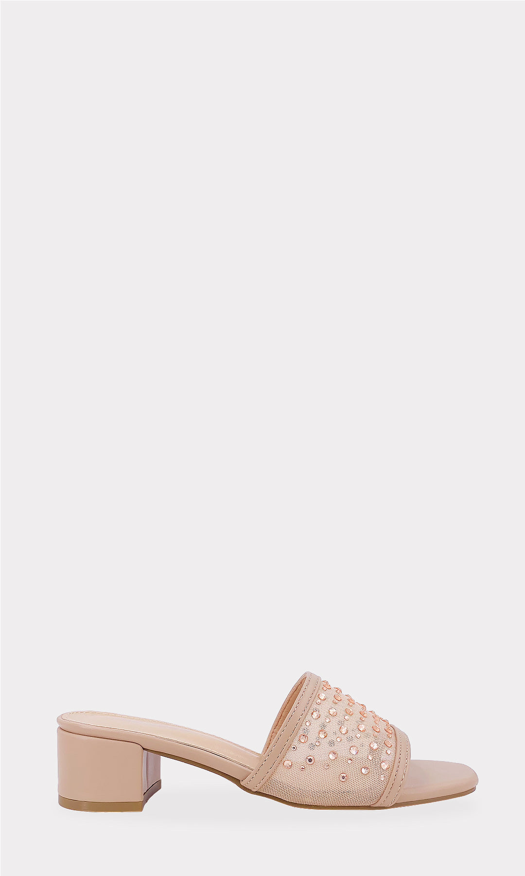 MEREDITH ZAPATILLAS ABIERTAS DE PUNTA CUADRADA CON BRILLOS EN CINTA ANCHA ARRIBA DE LOS DEDOS Y TACON BAJO PARA USAR CON VESTIDOS