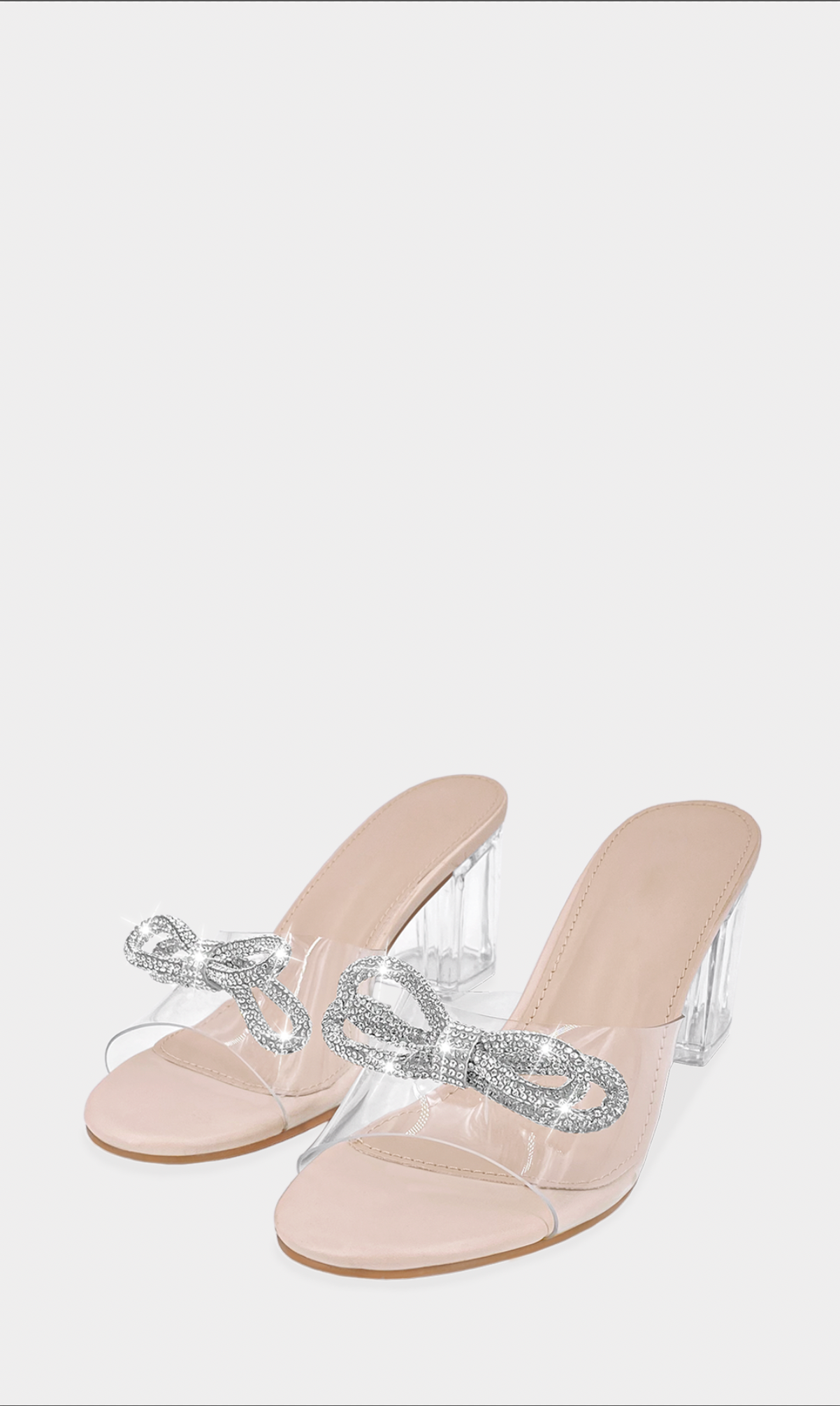 MILDRED TACON NUDE DE 7.5 CM TRANSPARENTE HECHO EN VINIPIEL CON DETALLE DE MOÑO CON BRILLOS SOBRE CINTA ANCHA DE MICA TRANSPARENTE PARA MUJUER 