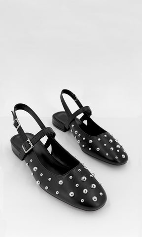 MINETTE ZAPATO SLINGBACK NEGRO DE PUNTA REDONDA ESTOPEROLES METÁLICOS STRAP EN EMPEINE TACÓN BAJO 2 CM DISEÑADO PARA MUJER Y ESTILO CASUAL
