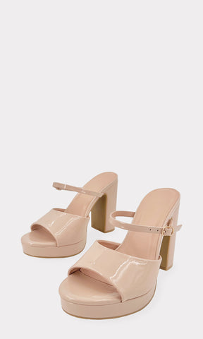 MIRABELLE ZAPATOS NUDE DE CHAROL CON TACON CUADRADO DE 10.5 CM PARA MUJER Y PLATAFORMA DE PUNTA ABIERTA REDONDA DE 2 CM CON STRAP EN EMPEINE