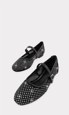 MIRANDA ZAPATILLAS PLANAS TIPO MARY JANE NEGRAS DE PUNTA REDONDA CON DETALLES DE CUERO SINTETICO EN STRAP AL FRENTE CUBIERTOS DE MALLA Y BRILLOS