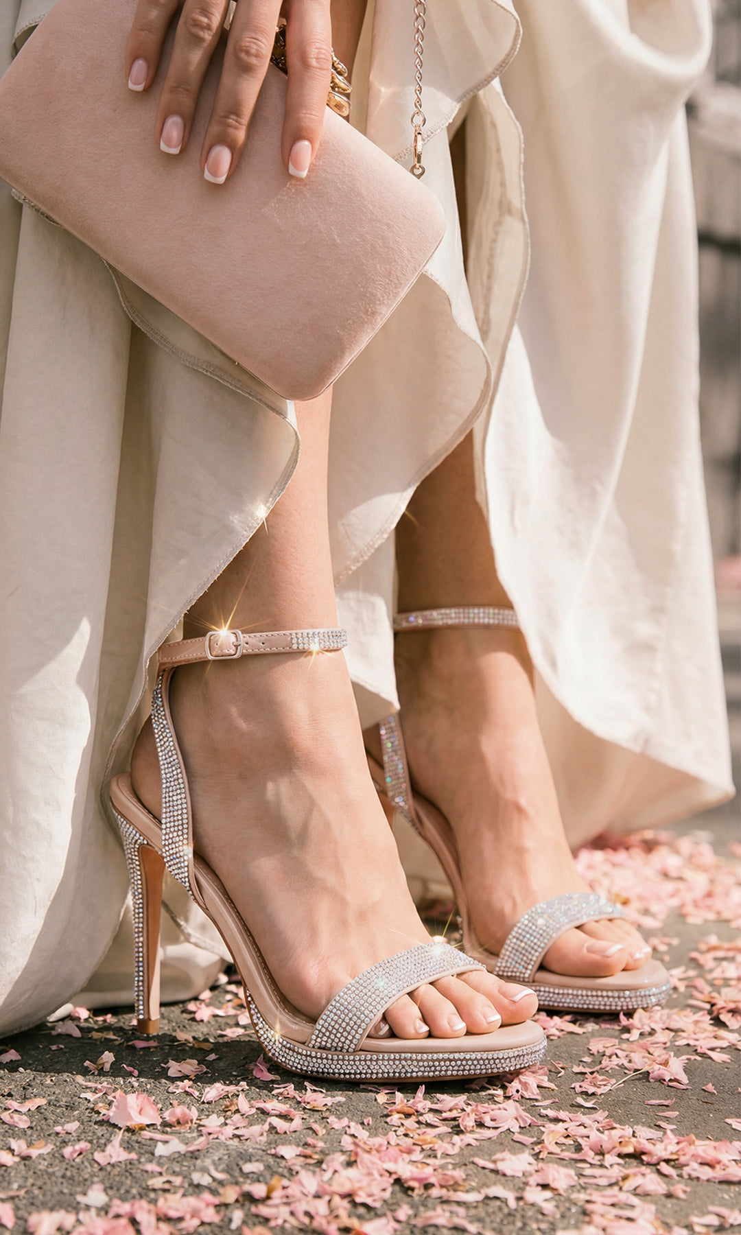 MONROE LOOK PARA USAR EN EVENTO SOCIAL DE DIA LUCIENDO VESTIDO BLANCO LARGO CON ZAPATILLAS NUDE PULSERA Y BRILLOS EN TACON ALTO CON CLUTCH DE MANO